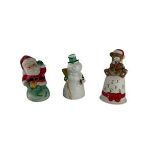 Vintage Christmas Ceramic Bell Trio Santa Snowman Teddy Bear Figurines